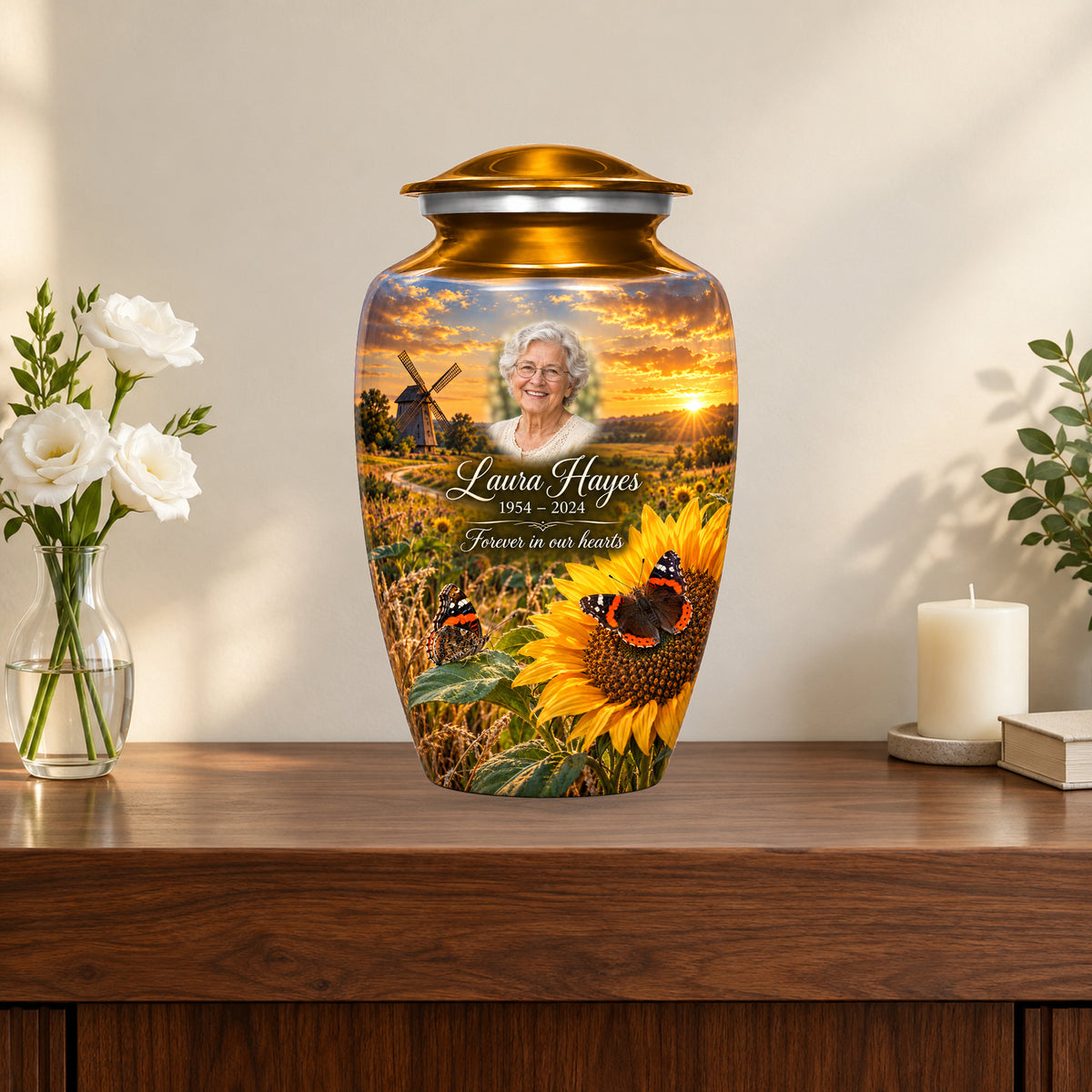 Sunflower Mill personalized butterfly urn in a styled memorial display; decorative props are not included.