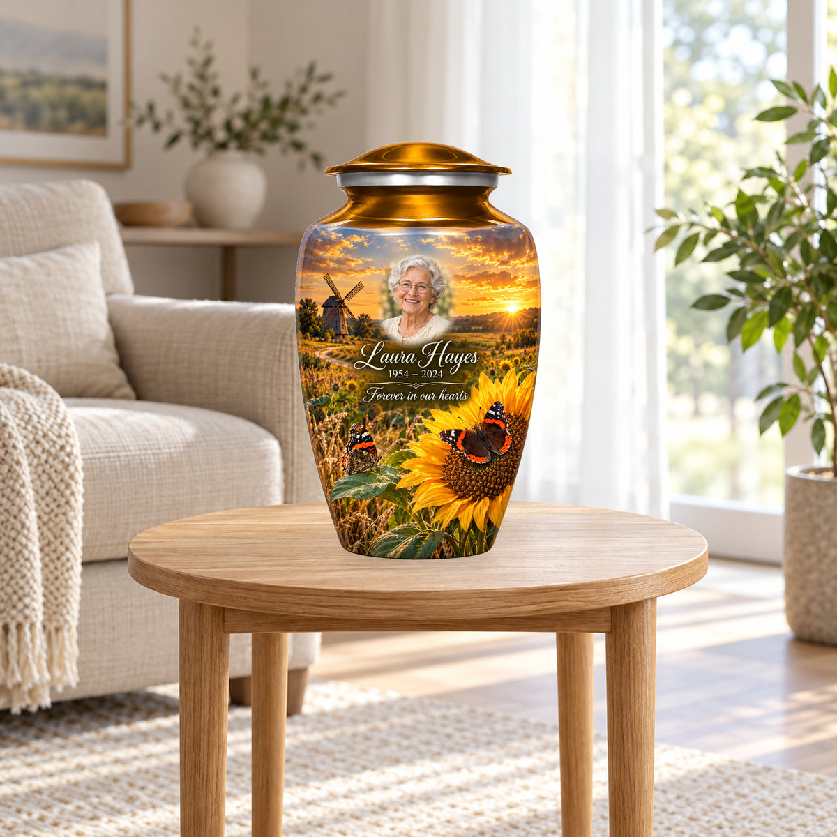 Sunflower Mill adult butterfly urn in a home display; furniture and decorative props are not included.
