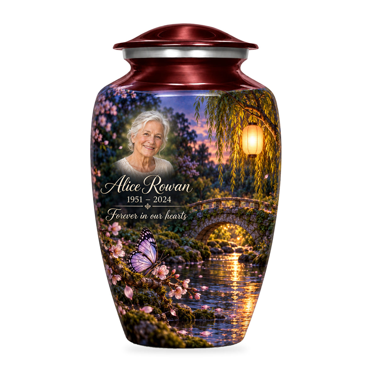 Red adult Lantern Footbridge butterfly urn with fictional sample portrait, name and years, shown on white.