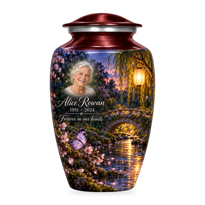 Red adult Lantern Footbridge butterfly urn with fictional sample portrait, name and years, shown on white.