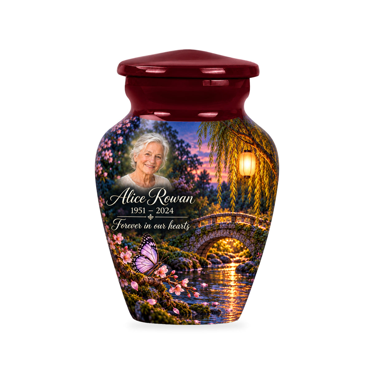 One ringless Lantern Footbridge butterfly keepsake urn with fictional sample portrait and text.
