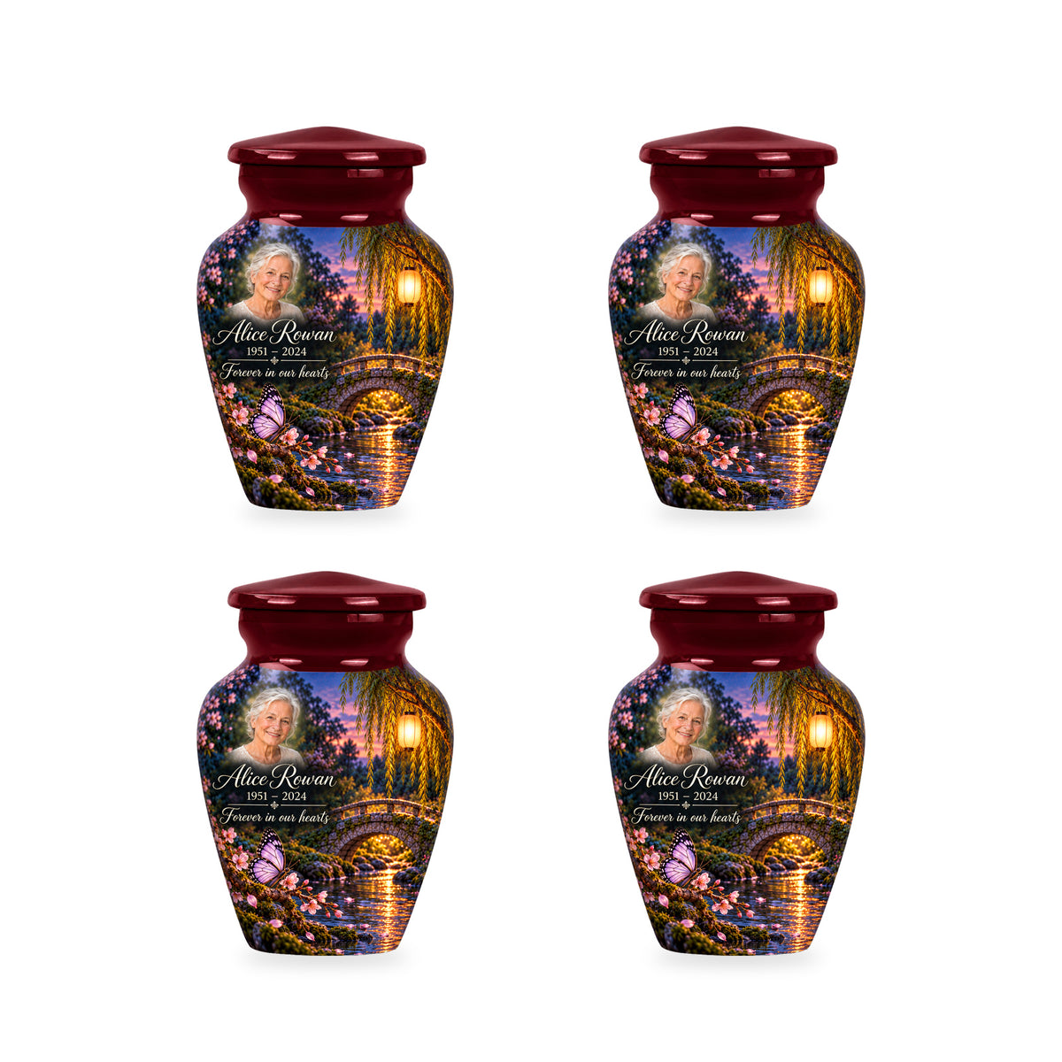 Four matching ringless Lantern Footbridge butterfly keepsake urns with fictional sample personalization.