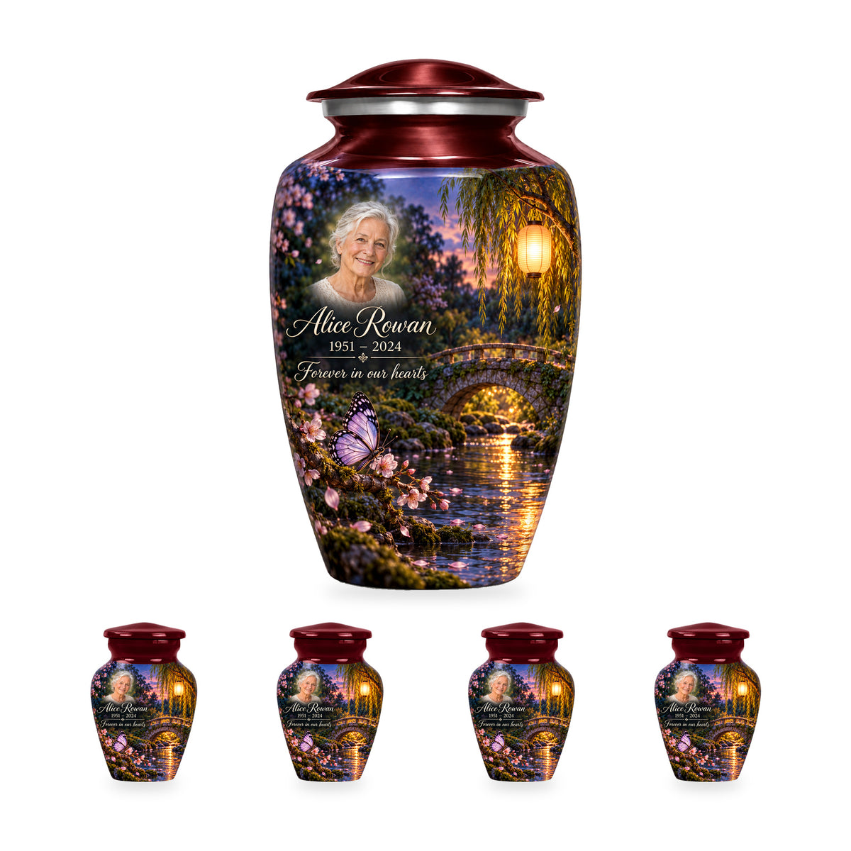 Lantern Footbridge adult butterfly urn with four matching ringless keepsakes; the selected package includes five urns.