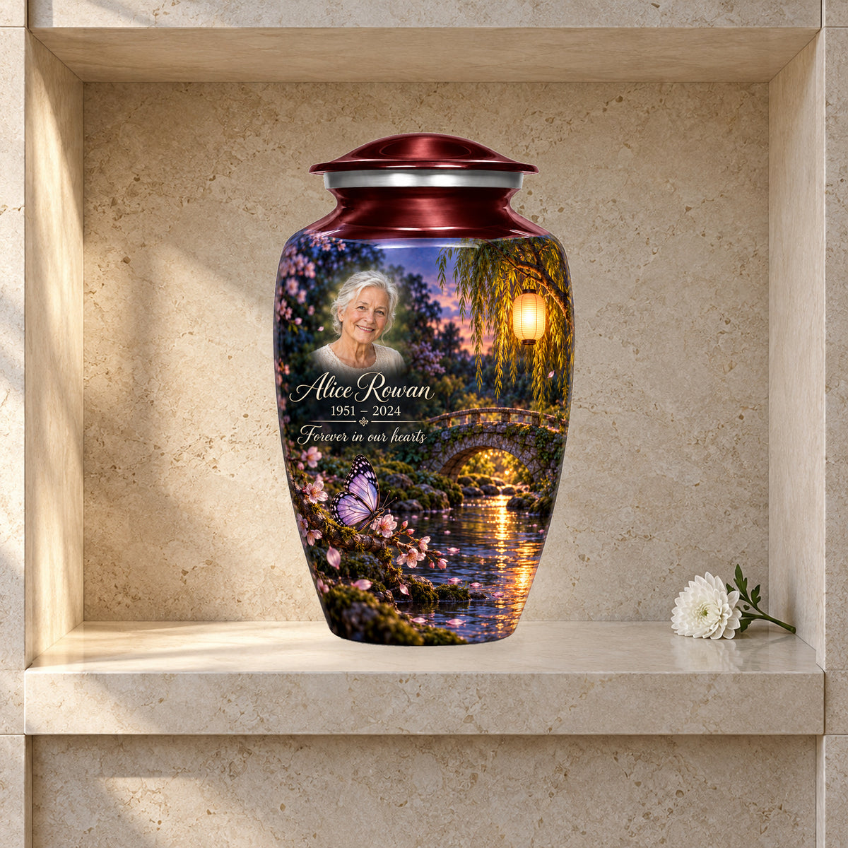 Lantern Footbridge adult butterfly urn in a styled columbarium display; decorative props are not included.