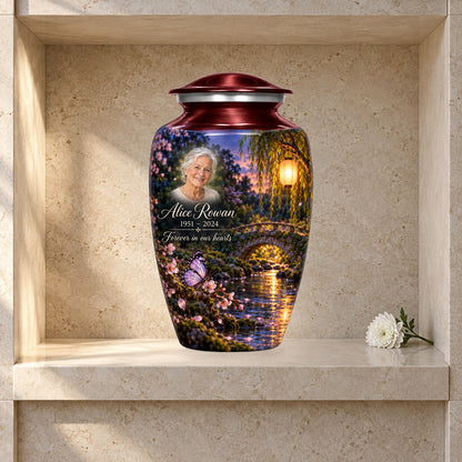Lantern Footbridge adult butterfly urn in a styled columbarium display; decorative props are not included.