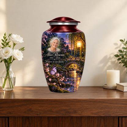 Lantern Footbridge personalized butterfly urn in a styled memorial display; decorative props are not included.