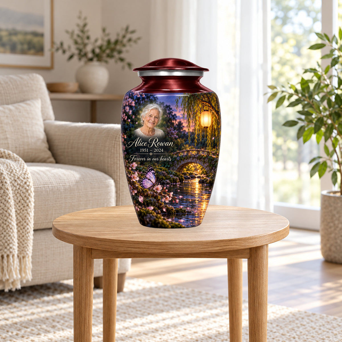 Lantern Footbridge adult butterfly urn in a home display; furniture and decorative props are not included.