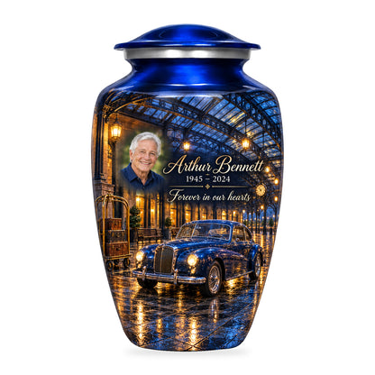 Blue adult Rainlit Rail Depot car urn with fictional sample portrait, name and years, shown on white.