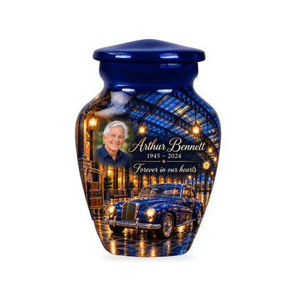 One ringless Rainlit Rail Depot car keepsake urn with fictional sample portrait and text.