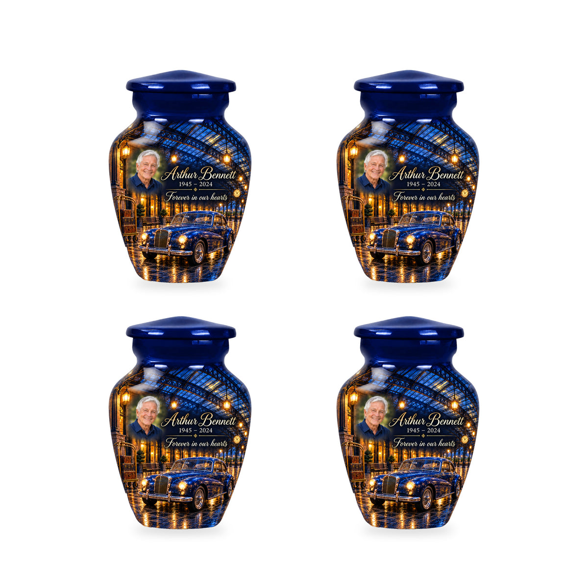 Four matching ringless Rainlit Rail Depot car keepsake urns with fictional sample personalization.