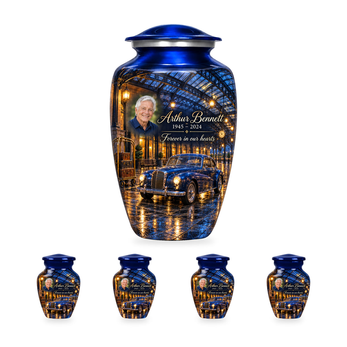 Rainlit Rail Depot adult car urn with four matching ringless keepsakes; the selected package includes five urns.