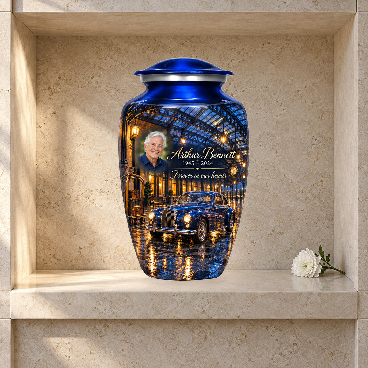 Rainlit Rail Depot adult car urn in a styled columbarium display; decorative props are not included.