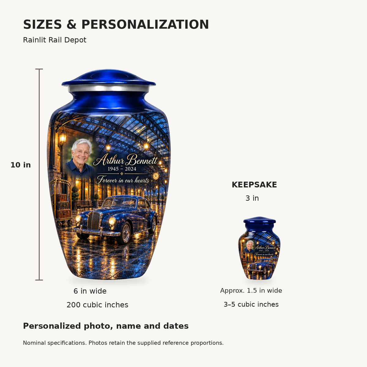 Nominal dimensions: adult 10 inches high, 6 inches widest, 200 cubic inches; keepsake 3 inches high, approximately 1.5 inches wide, 3–5 cubic inches.