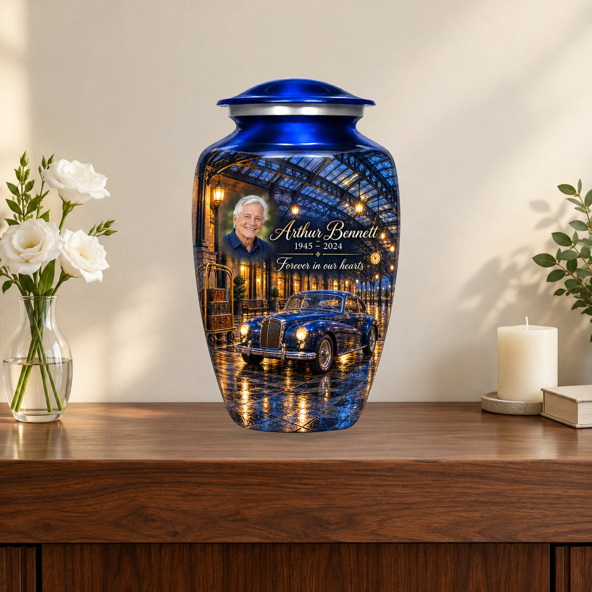 Rainlit Rail Depot personalized car urn in a styled memorial display; decorative props are not included.