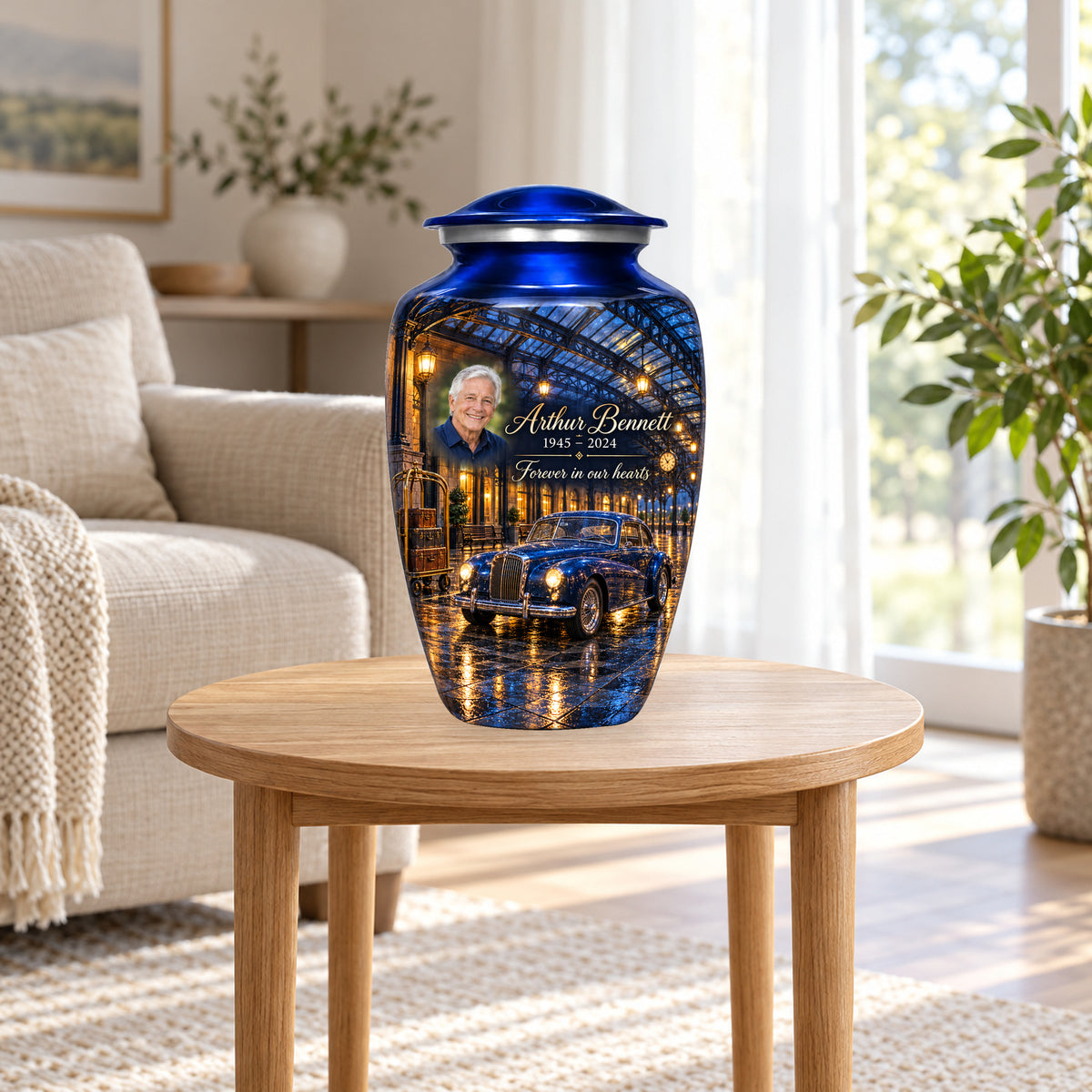 Rainlit Rail Depot adult car urn in a home display; furniture and decorative props are not included.