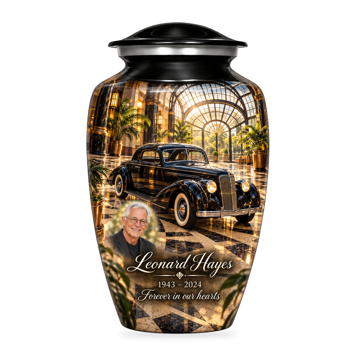 Black adult Art Deco Atrium car urn with fictional sample portrait, name and years, shown on white.