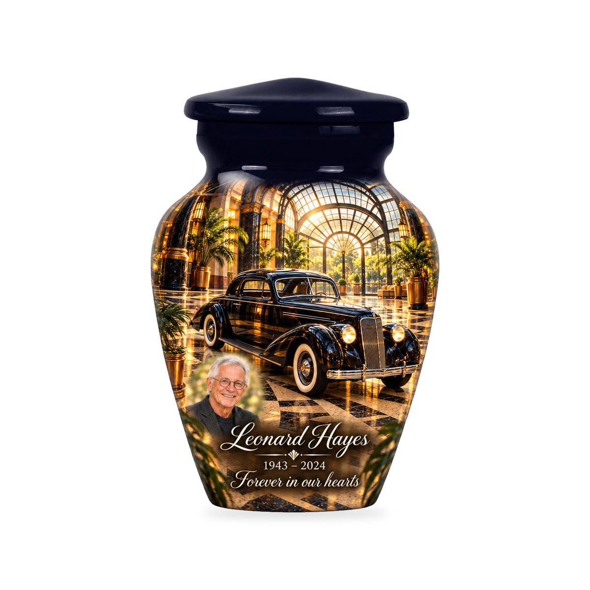 One ringless Art Deco Atrium car keepsake urn with fictional sample portrait and text.