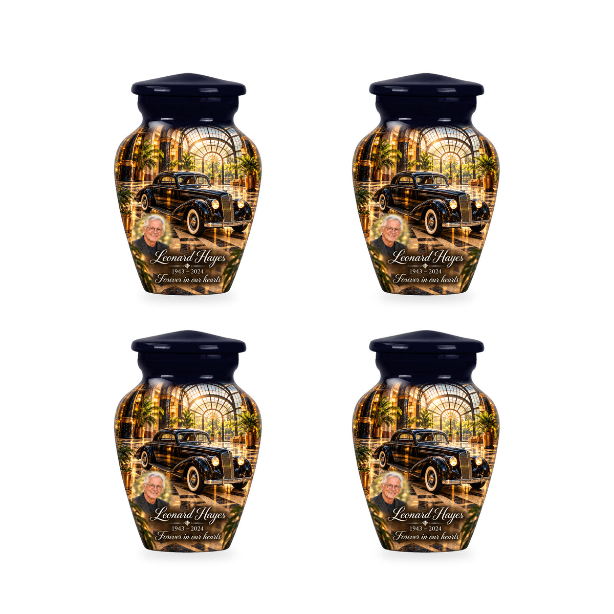 Four matching ringless Art Deco Atrium car keepsake urns with fictional sample personalization.