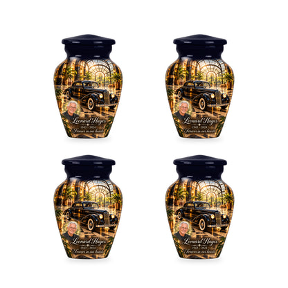 Four matching ringless Art Deco Atrium car keepsake urns with fictional sample personalization.