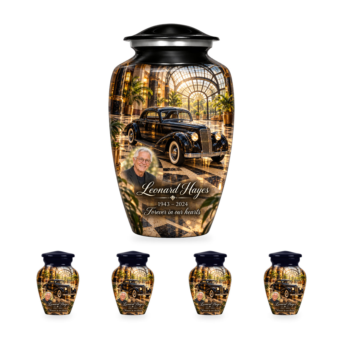 Art Deco Atrium adult car urn with four matching ringless keepsakes; the selected package includes five urns.
