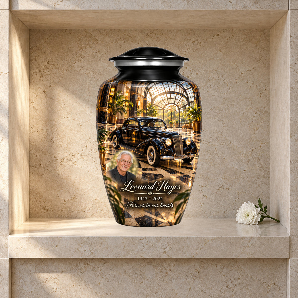 Art Deco Atrium adult car urn in a styled columbarium display; decorative props are not included.