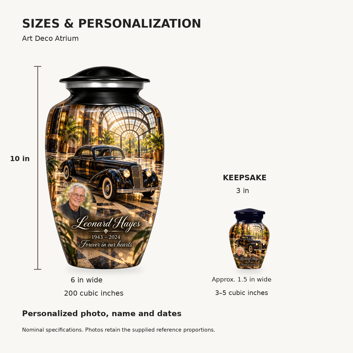 Nominal dimensions: adult 10 inches high, 6 inches widest, 200 cubic inches; keepsake 3 inches high, approximately 1.5 inches wide, 3–5 cubic inches.