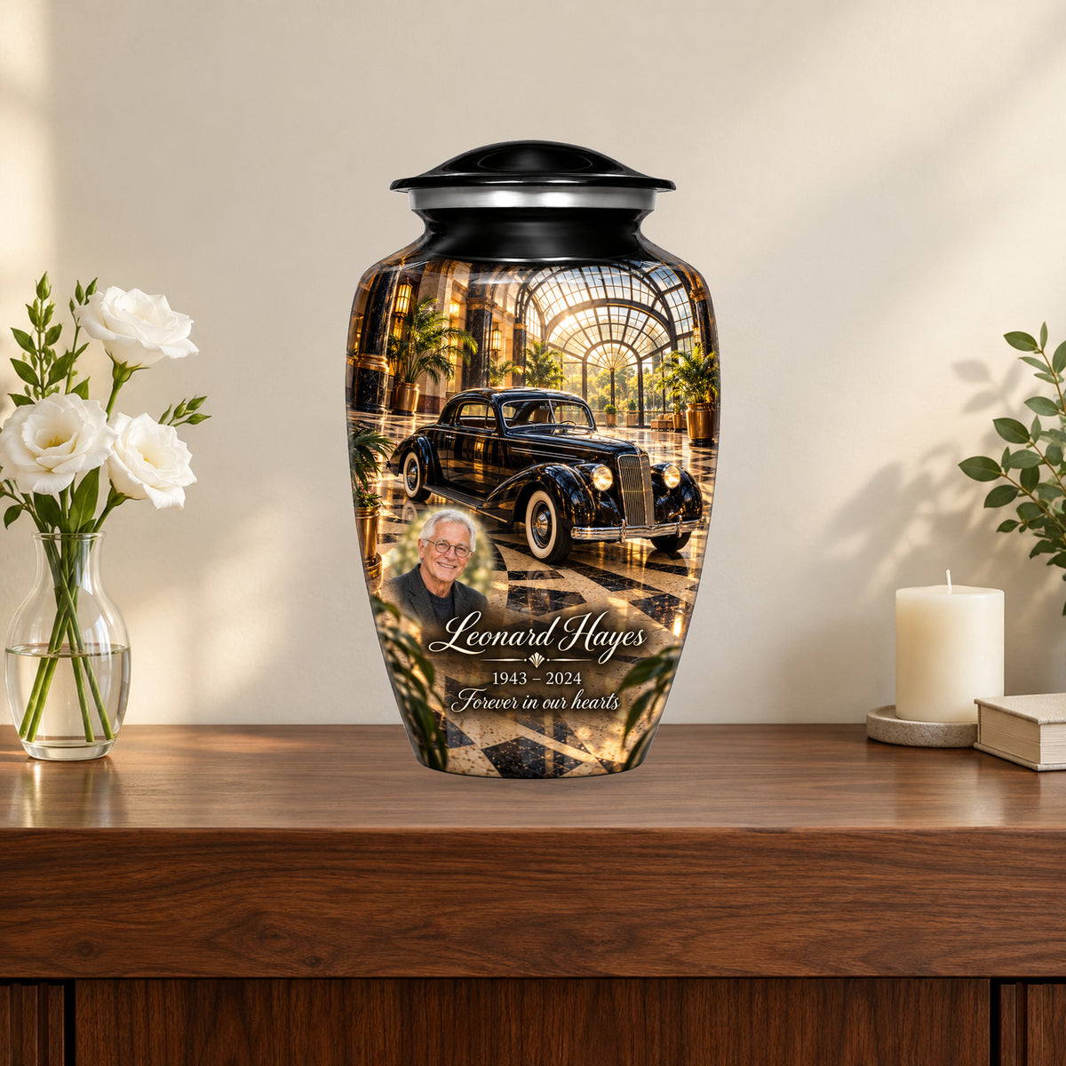 Art Deco Atrium personalized car urn in a styled memorial display; decorative props are not included.