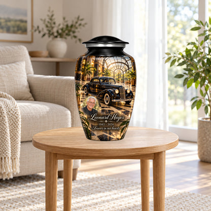 Art Deco Atrium adult car urn in a home display; furniture and decorative props are not included.