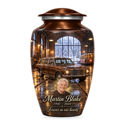Brown adult Winter Tram Hall car urn with fictional sample portrait, name and years, shown on white.