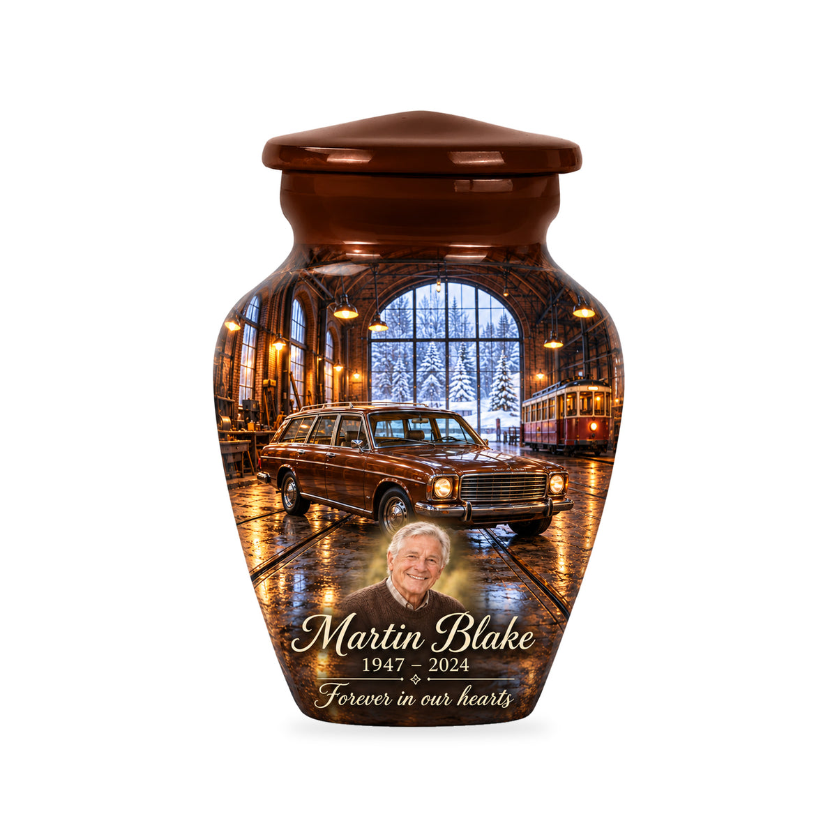 One ringless Winter Tram Hall car keepsake urn with fictional sample portrait and text.