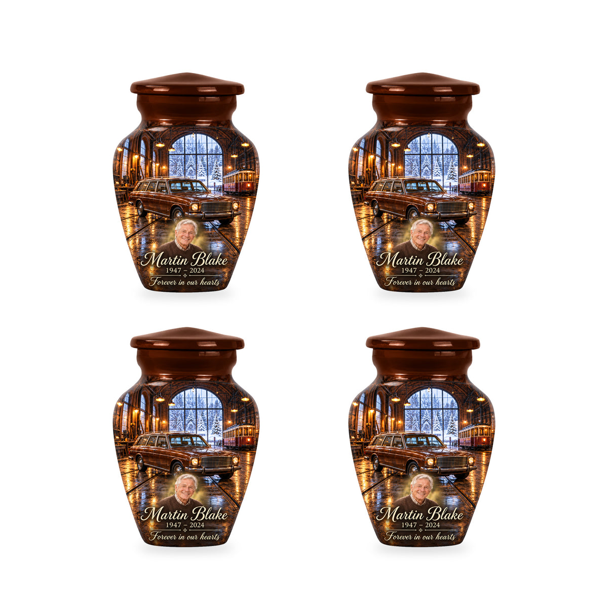 Four matching ringless Winter Tram Hall car keepsake urns with fictional sample personalization.