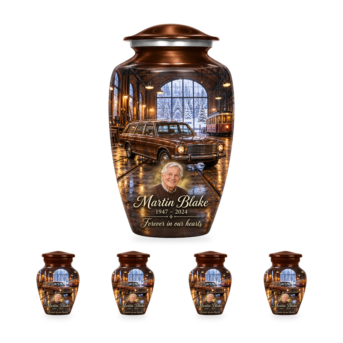 Winter Tram Hall adult car urn with four matching ringless keepsakes; the selected package includes five urns.