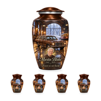 Winter Tram Hall adult car urn with four matching ringless keepsakes; the selected package includes five urns.