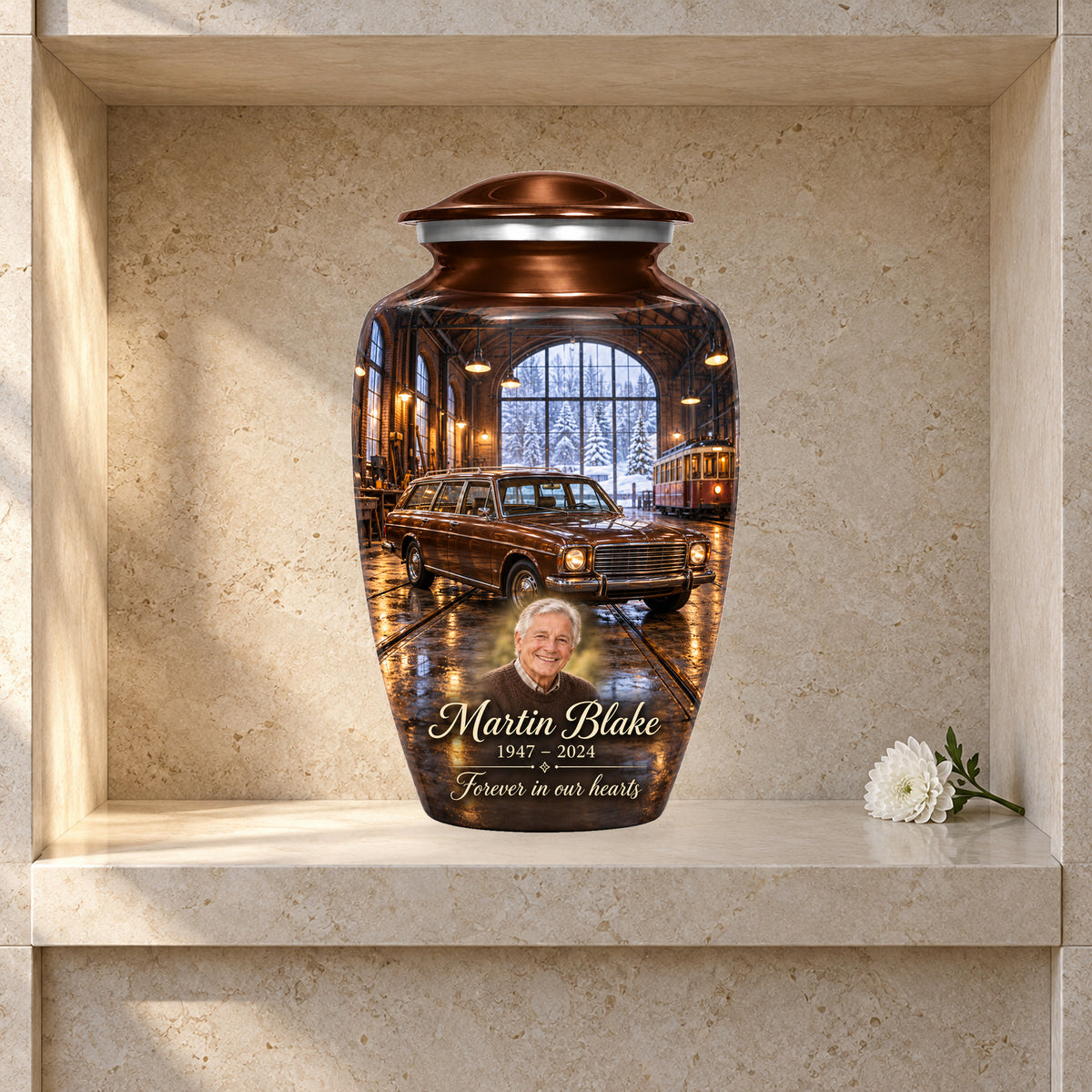 Winter Tram Hall adult car urn in a styled columbarium display; decorative props are not included.