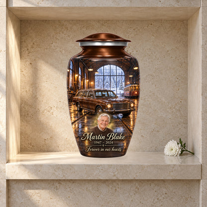 Winter Tram Hall adult car urn in a styled columbarium display; decorative props are not included.