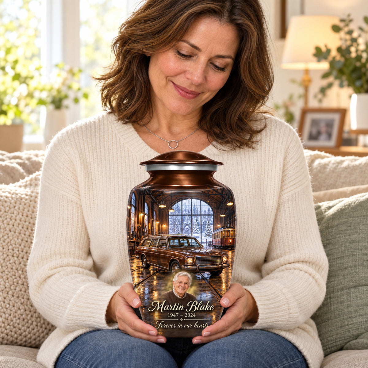 Seated person holding the adult Winter Tram Hall car urn on their lap.