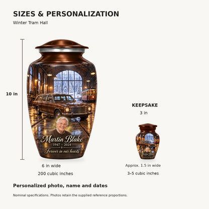 Nominal dimensions: adult 10 inches high, 6 inches widest, 200 cubic inches; keepsake 3 inches high, approximately 1.5 inches wide, 3–5 cubic inches.