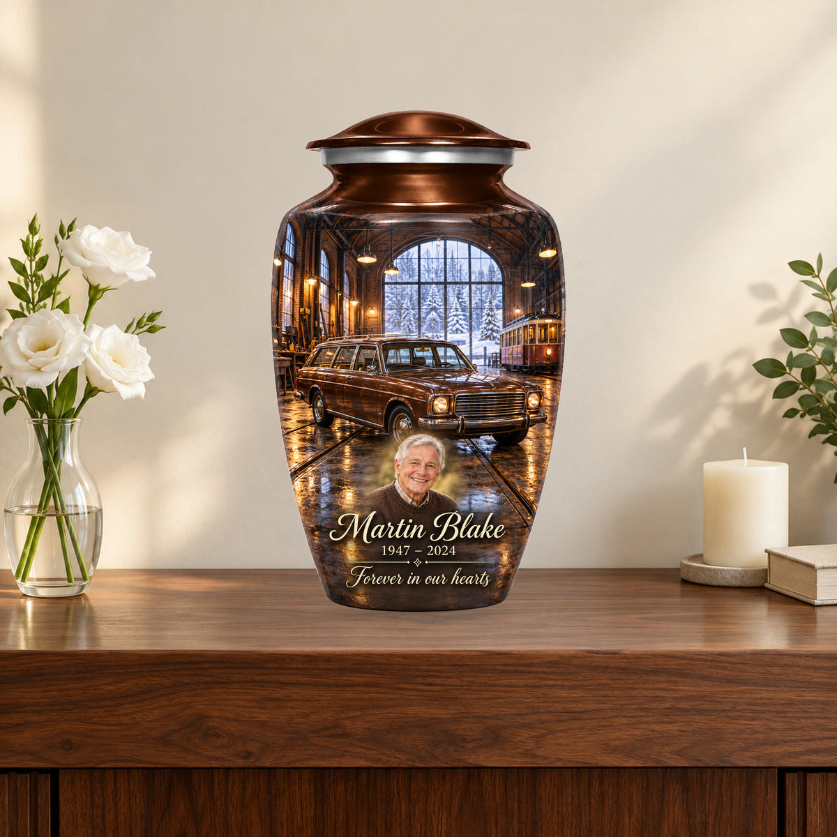 Winter Tram Hall personalized car urn in a styled memorial display; decorative props are not included.