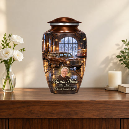 Winter Tram Hall personalized car urn in a styled memorial display; decorative props are not included.