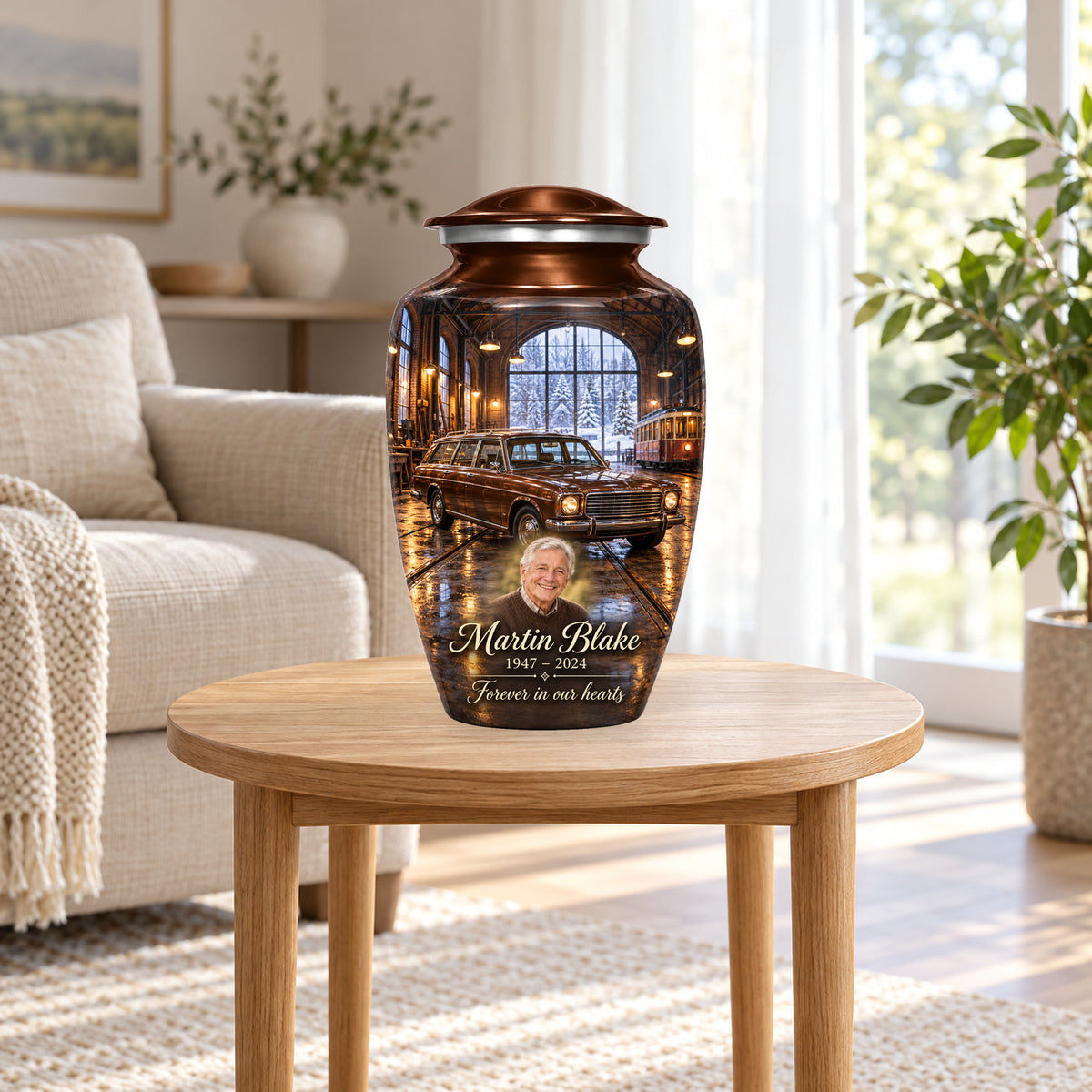Winter Tram Hall adult car urn in a home display; furniture and decorative props are not included.