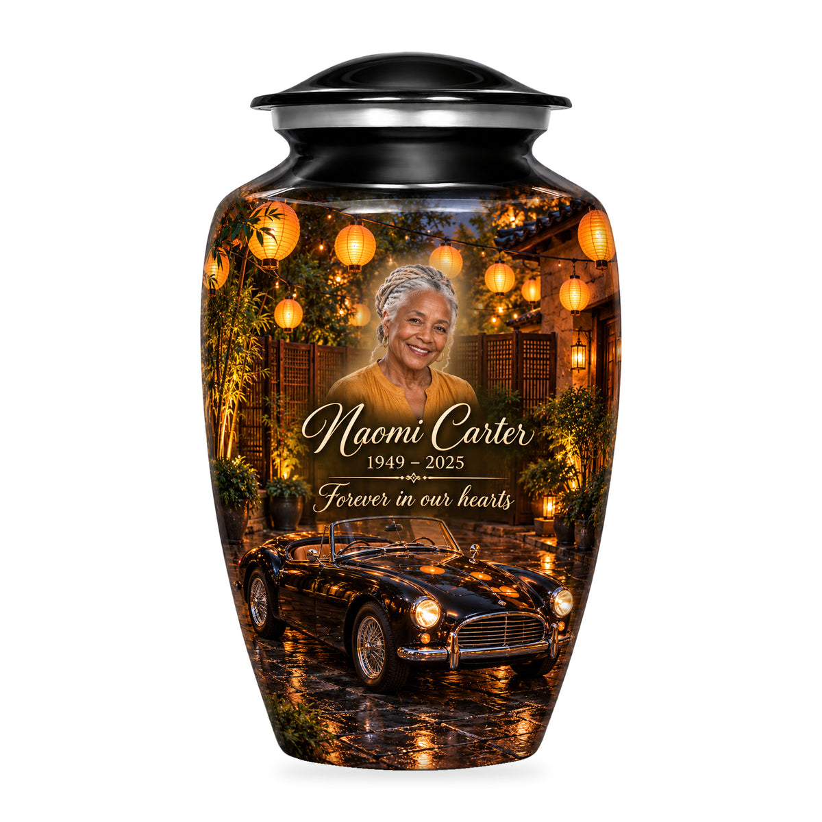 Black adult Lantern Courtyard car urn with fictional sample portrait, name and years, shown on white.