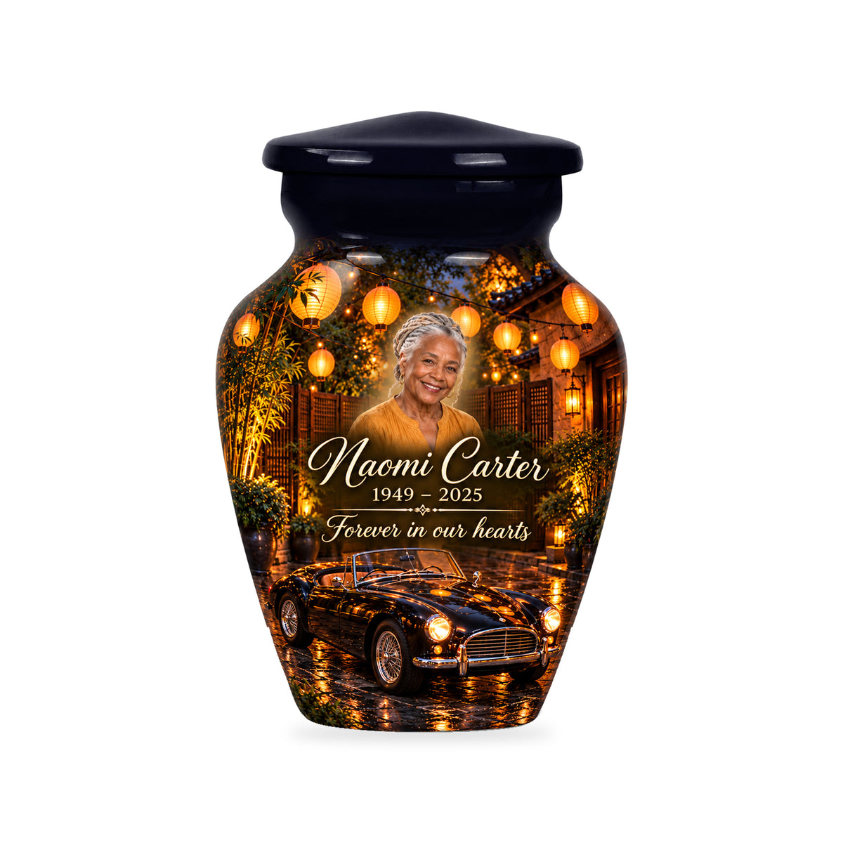 One ringless Lantern Courtyard car keepsake urn with fictional sample portrait and text.
