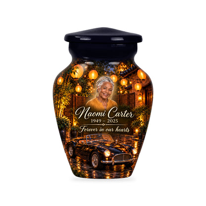 One ringless Lantern Courtyard car keepsake urn with fictional sample portrait and text.