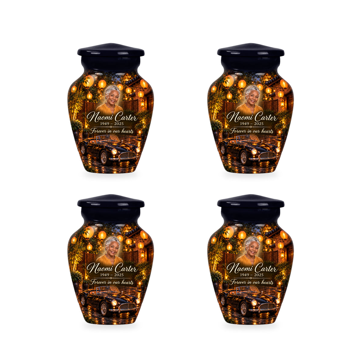 Four matching ringless Lantern Courtyard car keepsake urns with fictional sample personalization.