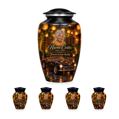 Lantern Courtyard adult car urn with four matching ringless keepsakes; the selected package includes five urns.