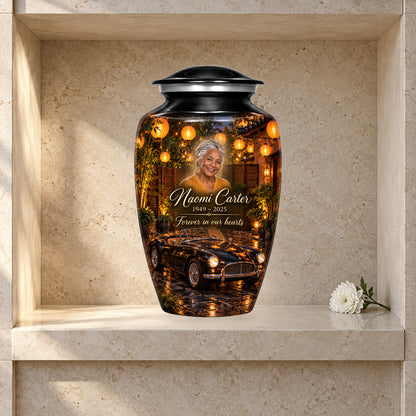Lantern Courtyard adult car urn in a styled columbarium display; decorative props are not included.