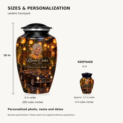 Nominal dimensions: adult 10 inches high, 6 inches widest, 200 cubic inches; keepsake 3 inches high, approximately 1.5 inches wide, 3–5 cubic inches.