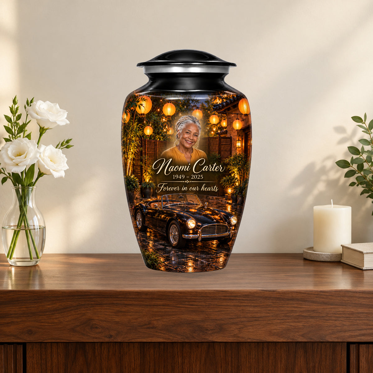 Lantern Courtyard personalized car urn in a styled memorial display; decorative props are not included.