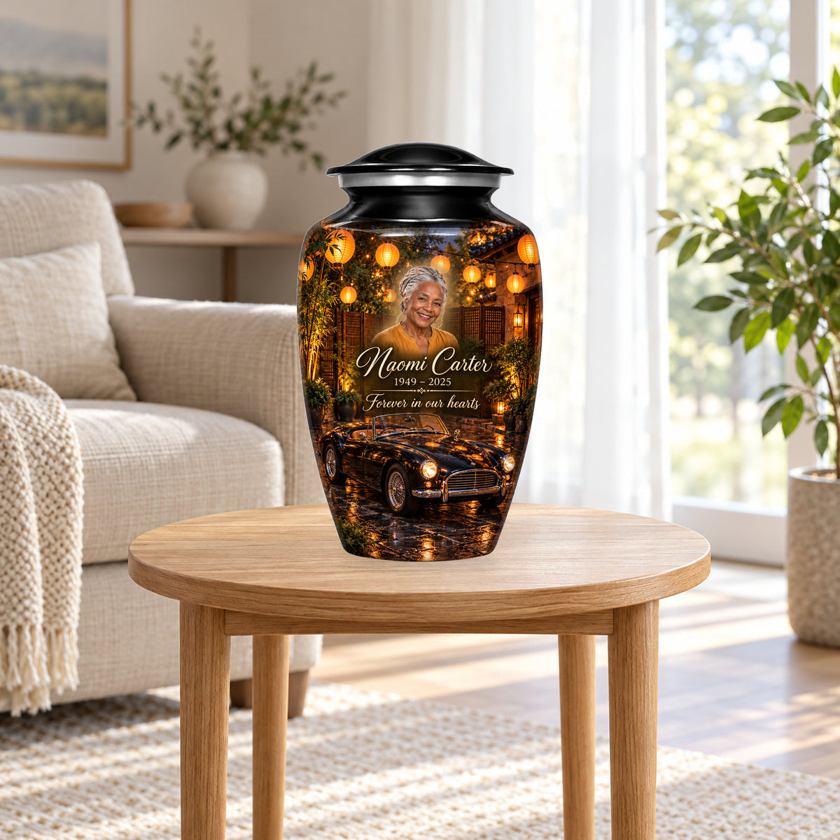 Lantern Courtyard adult car urn in a home display; furniture and decorative props are not included.