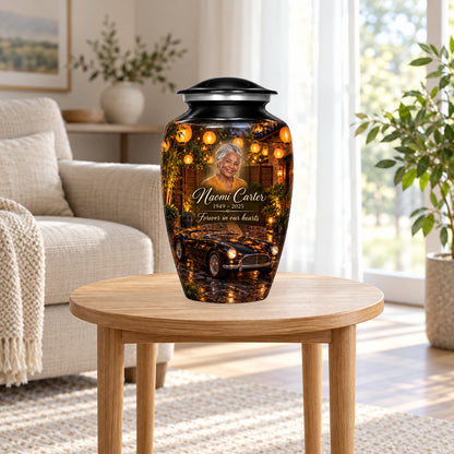 Lantern Courtyard adult car urn in a home display; furniture and decorative props are not included.